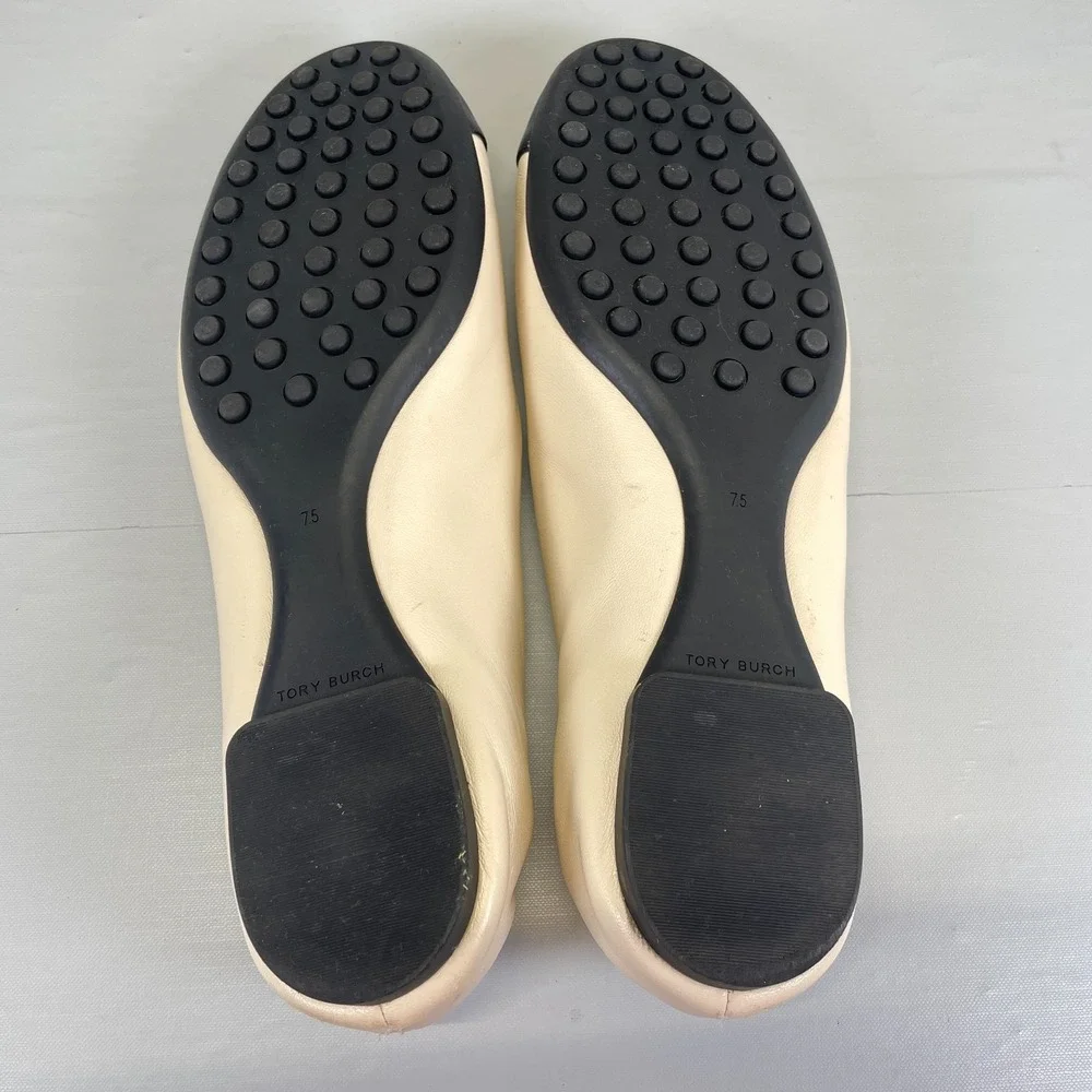 Tory Burch Claire Ballet Flats Womens Size 7.5 Cream Black Leather Cap Toe Shoes